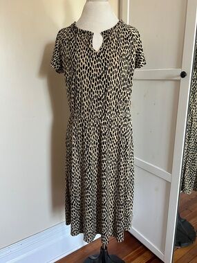 Talbots Petite Leopard Print Short Sleeve Fit & Flare Knit Midi Dress LP NWOT